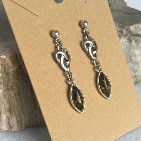 Sterling Silver 925 Celtic Knot Baltic Amber Cabochon Dangle Drop Earrings - Picture 2 of 16